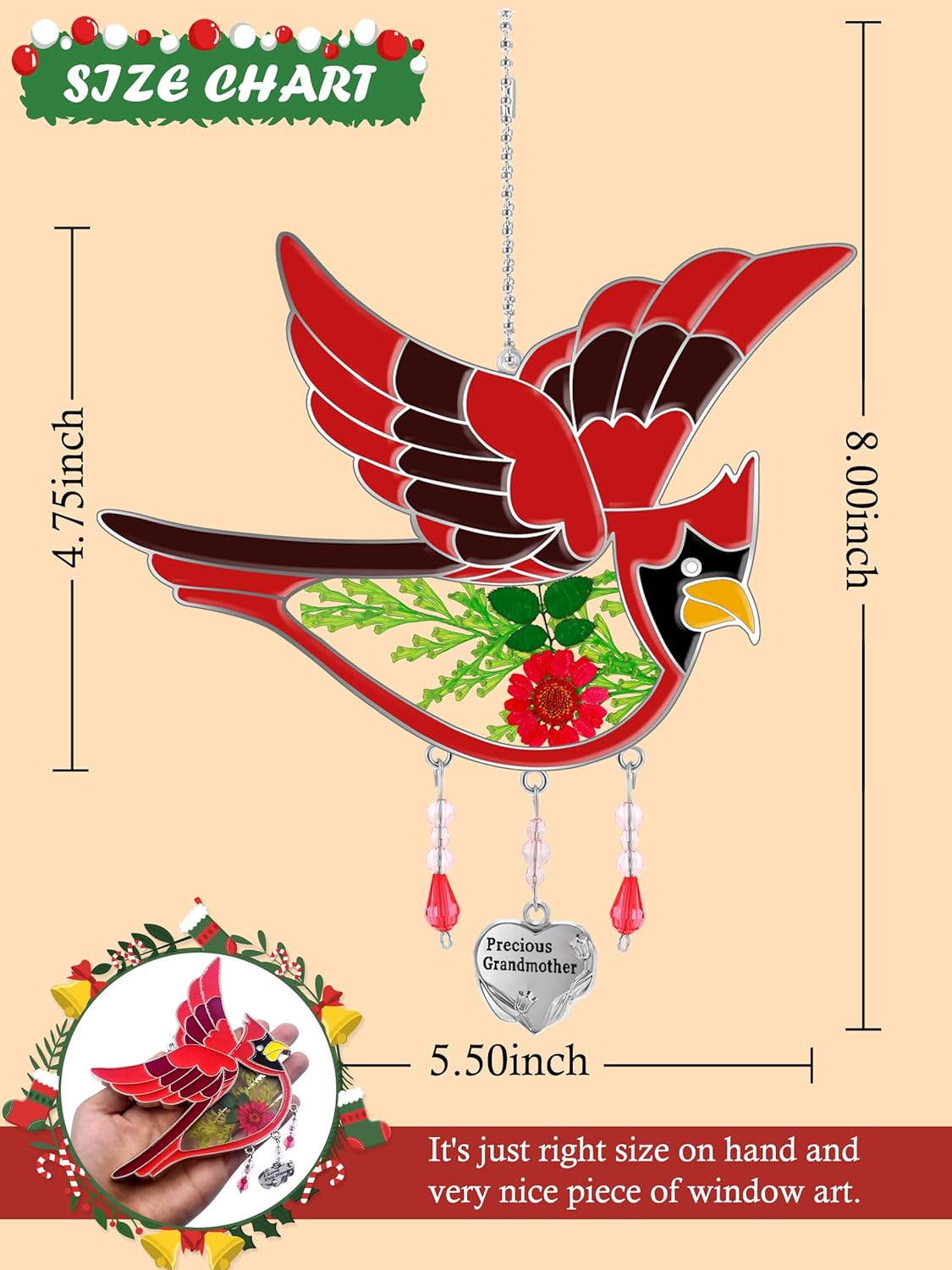 KY&BOSAM Cardinal Suncatcher Grandma Gifts Glass Suncatchers for Windows Hanings Wind Chime,Pressed