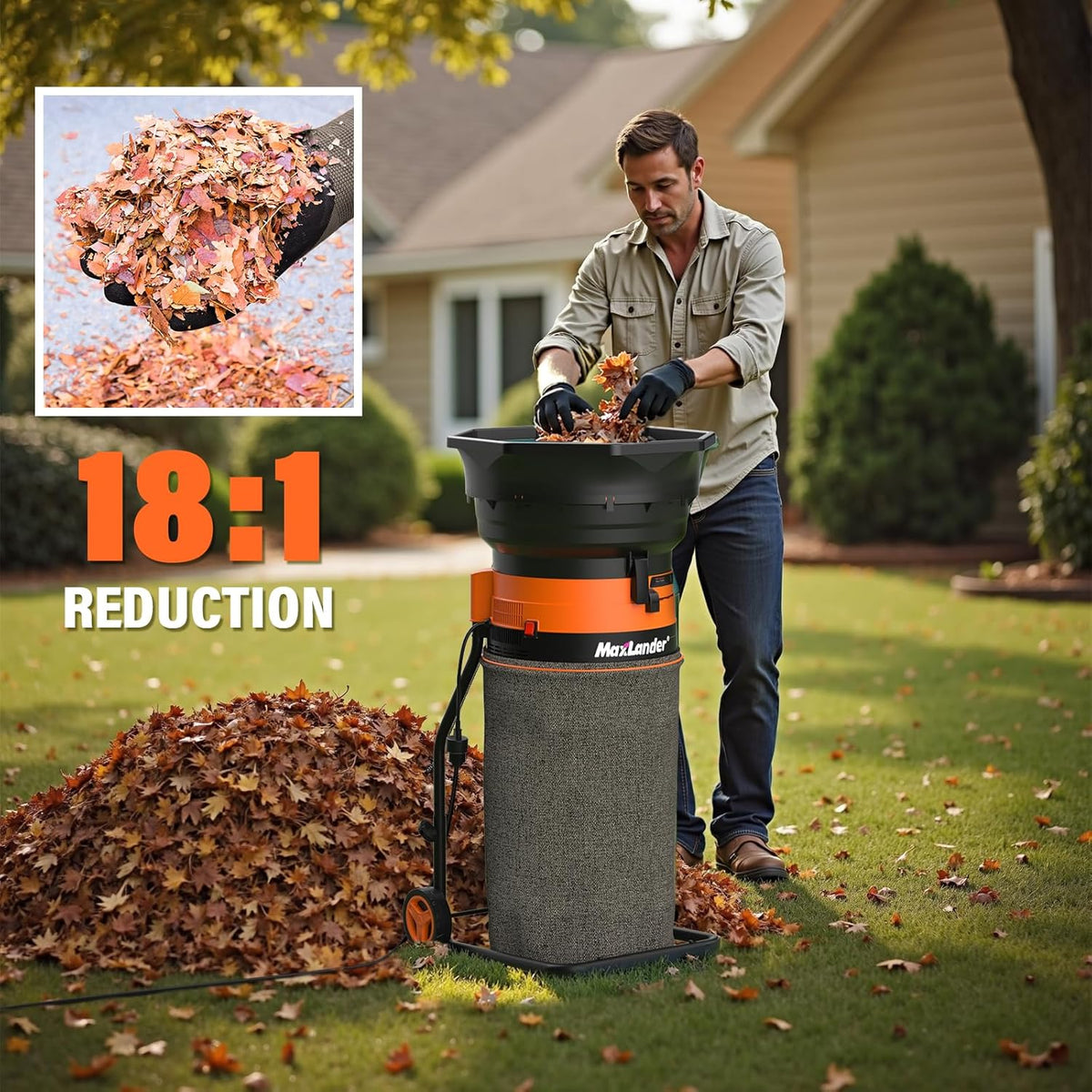 MAXLANDER Electric Leaf Mulcher/Shredder, 15 Amp 8400 RPM, 18:1 Ratio, Adjustable Dial, with