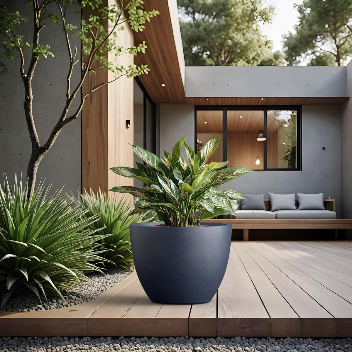 Kante 17.3 Inch Round Concrete Planter - Classic Large Indoor/Outdoor Plant Pot with Drainage Hole