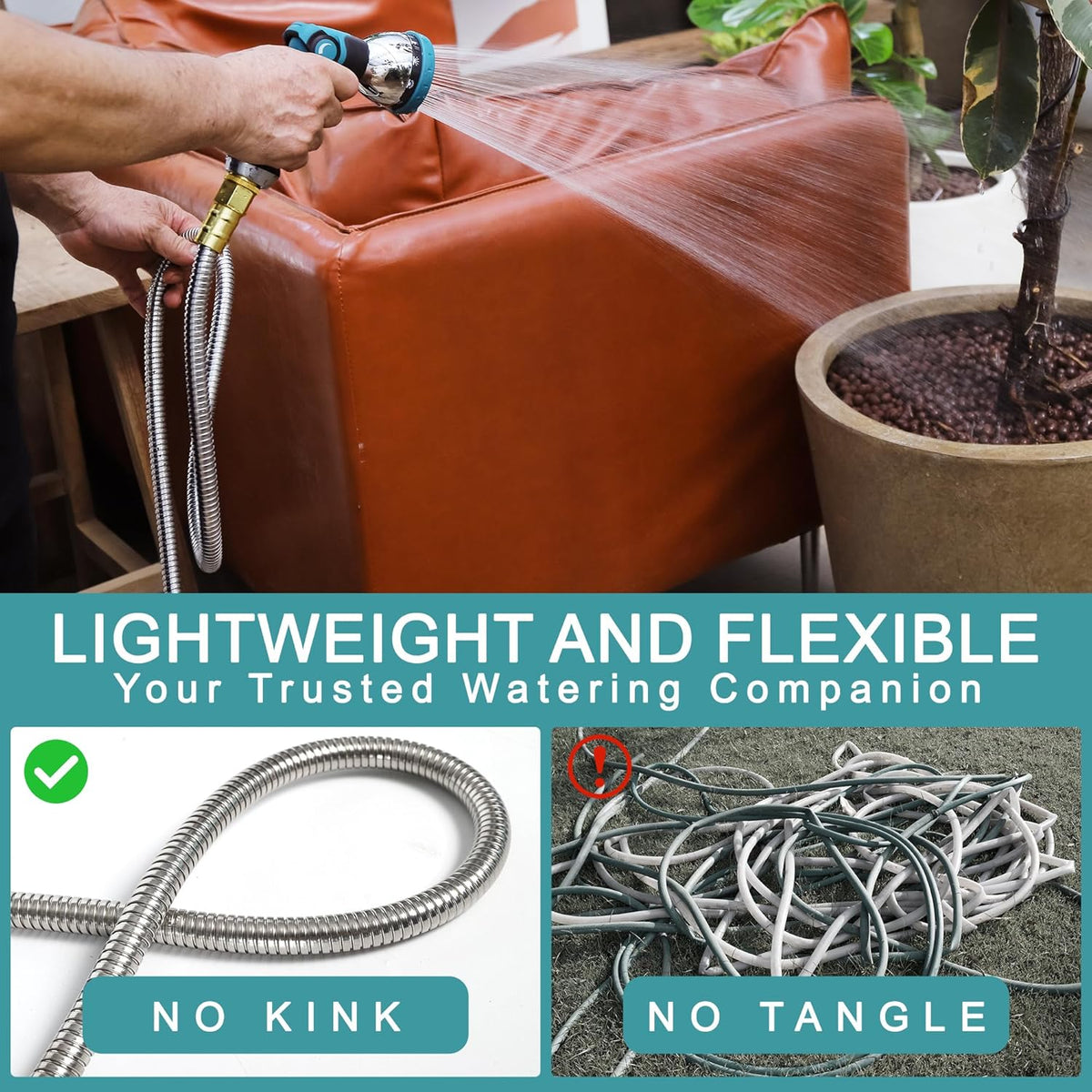75FT Garden Hose, 304 Stainless Steel Water Hose, Flexible with a 10-Mode Nozzle Sprayer, No Kink
