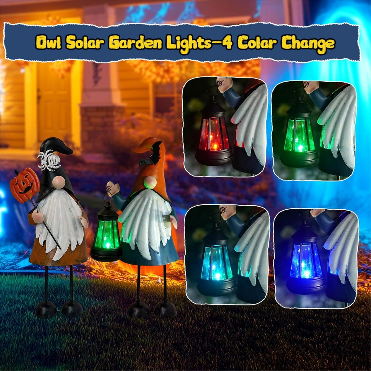 HONGLAND Halloween Decorations Outdoor Solar Gnomes with LED Lantern, Gnomes Metal Yard Art