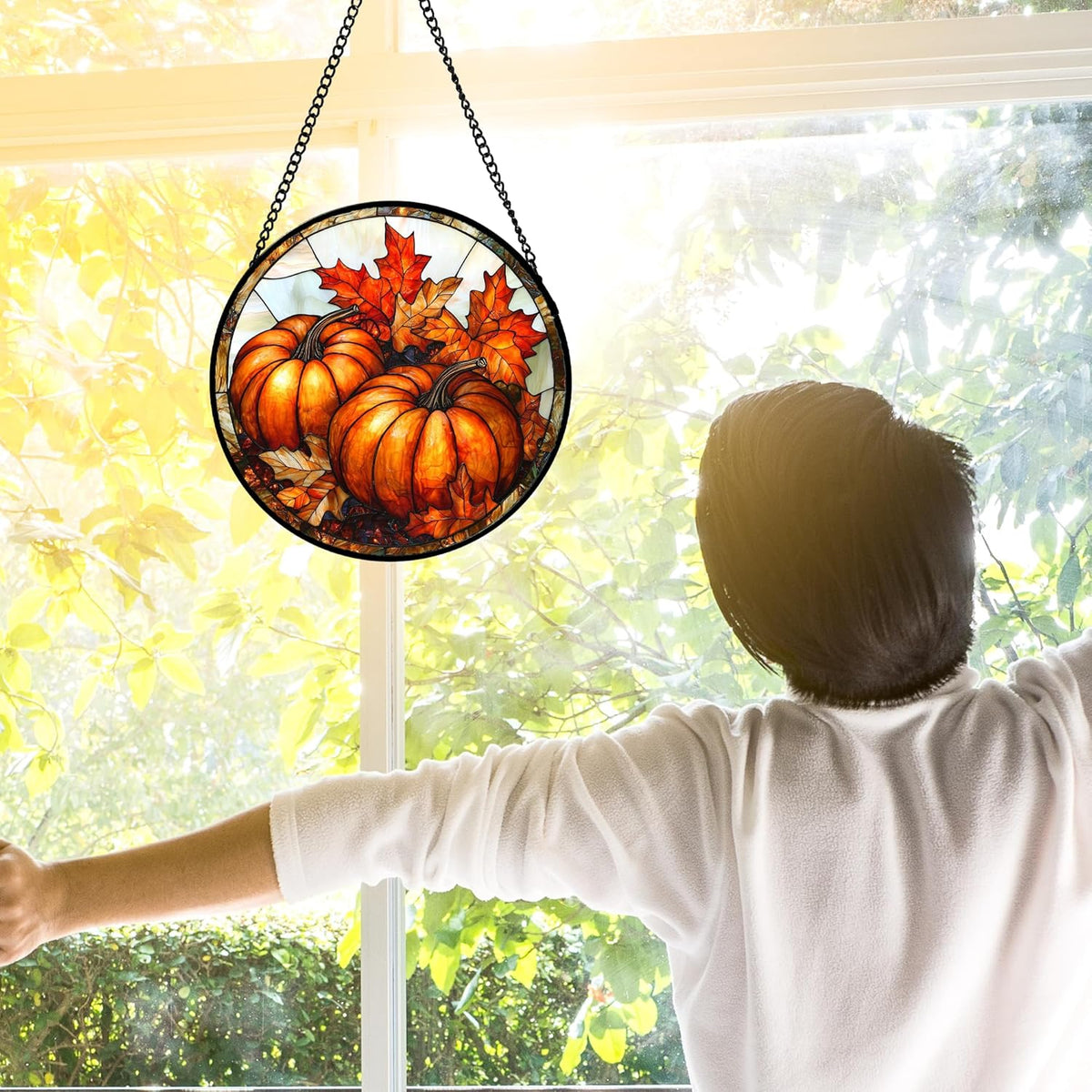 Stained Glass Window Hanging, Pumpkin Maple Leaf Suncatcher for Doors Home Sun Catchers Decoration