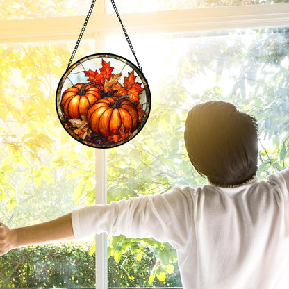 Stained Glass Window Hanging, Pumpkin Maple Leaf Suncatcher for Doors Home Sun Catchers Decoration