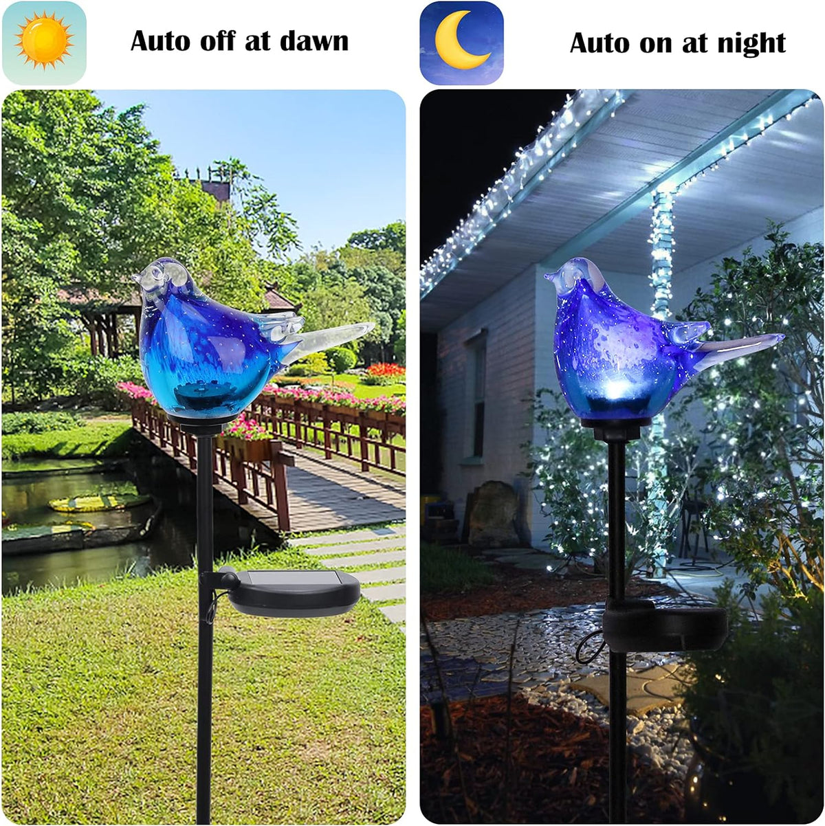 Afirst Solar Bluebird Garden Stake Lights - Hand Blown Glass Decorative Garden Pathway Lights