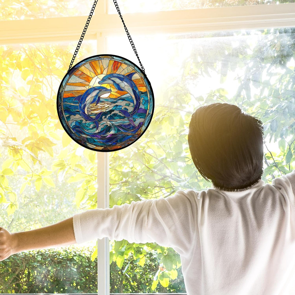 Stained Glass Window Hanging, Blue Dolphin Sun Catchers Colorful Glass Panel Sunrise Sea View