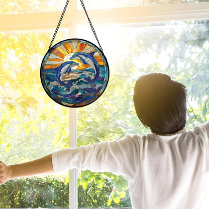 Stained Glass Window Hanging, Blue Dolphin Sun Catchers Colorful Glass Panel Sunrise Sea View