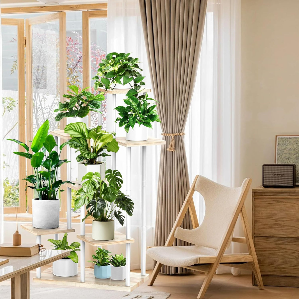 7 Tier Wood Tall Plant Stand Metal Rack Indoor, Multiple Flower Pot Holder Shelves Corner Rack