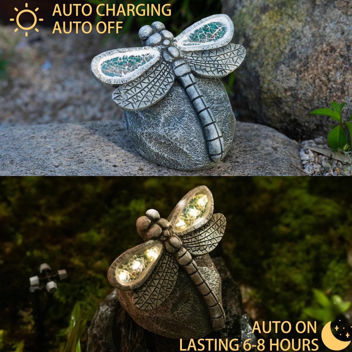 Rezpuao Garden Statue Dragonfly,Solar Dragonfly Decor for Outdoor,Resin Dragonflies Figurine with