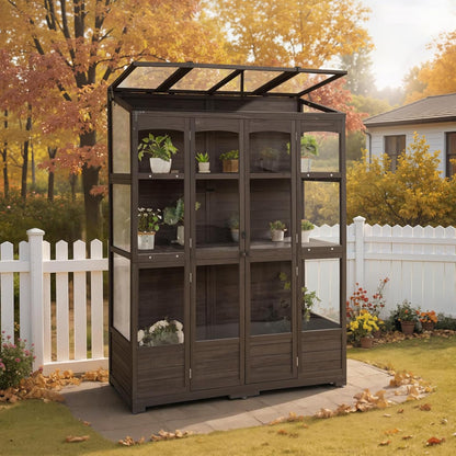 MCombo Wooden Greenhouse, Walk-in Outdoor Greenhouse with Openable Roof and Lockable Door, 0899