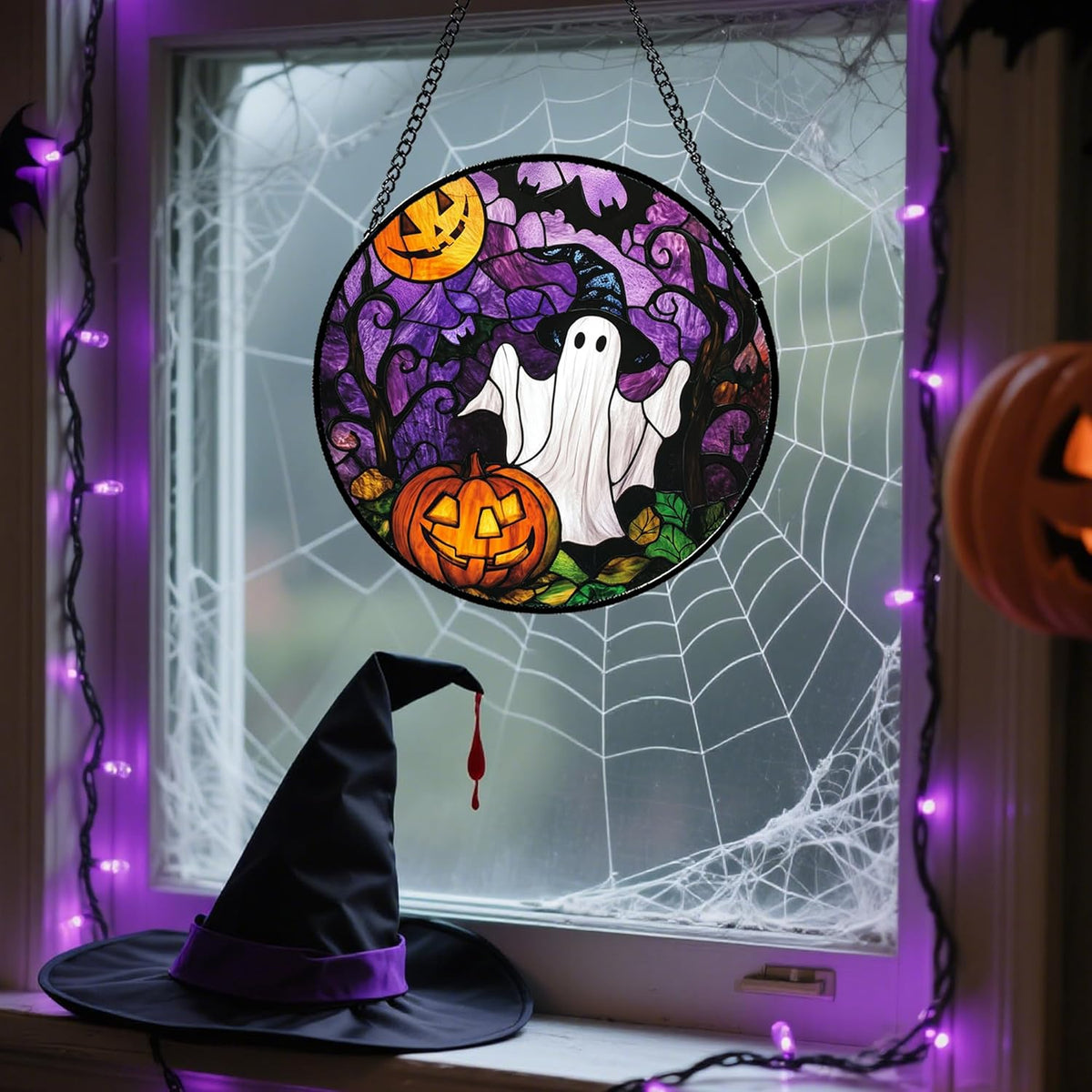 Stained Glass Window Hanging Halloween White Ghost Black Bat 6.3" - Suncatcher Door Garden Sunroom