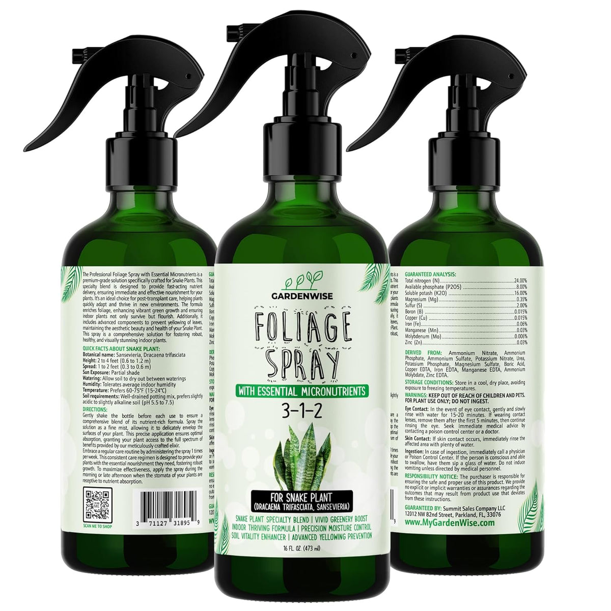 Professional Foliar Plant Spray with Essential Micronutrients 3-1-2 for Snake Plants, Dracaena