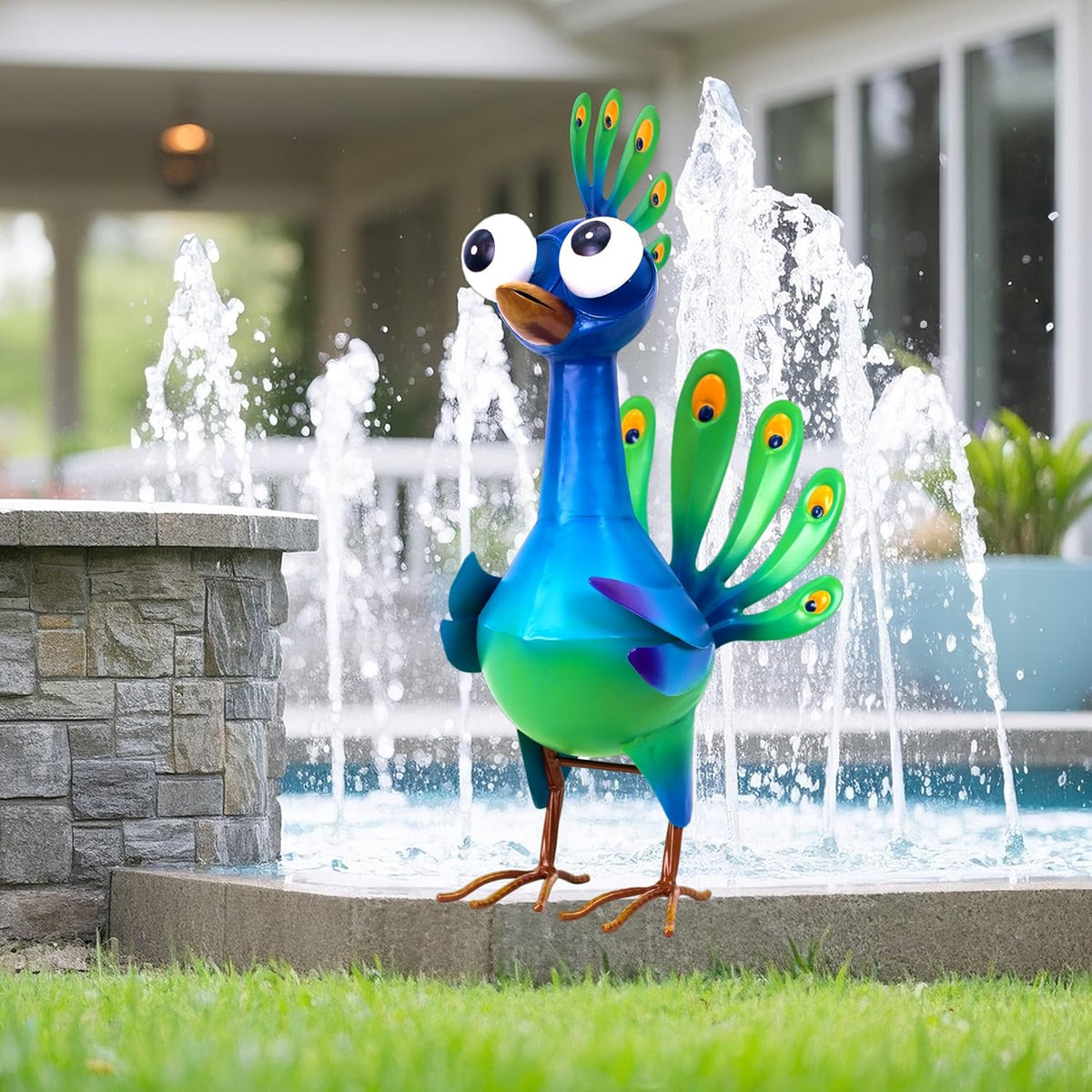 Metal Peacock Statue Garden Decor Cartoon Peacock with Bobbling Eyes Yard Art Lawn Patio Decoration