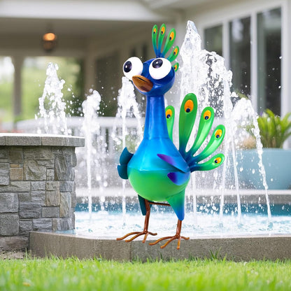 Metal Peacock Statue Garden Decor Cartoon Peacock with Bobbling Eyes Yard Art Lawn Patio Decoration