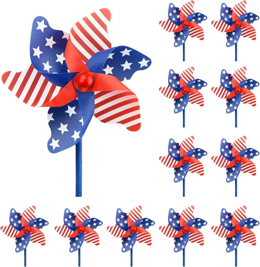 IiILittle 12 Pack Patriotic Pinwheels, No Assembly Required, American Flag Pinwheels, Wind Spinners