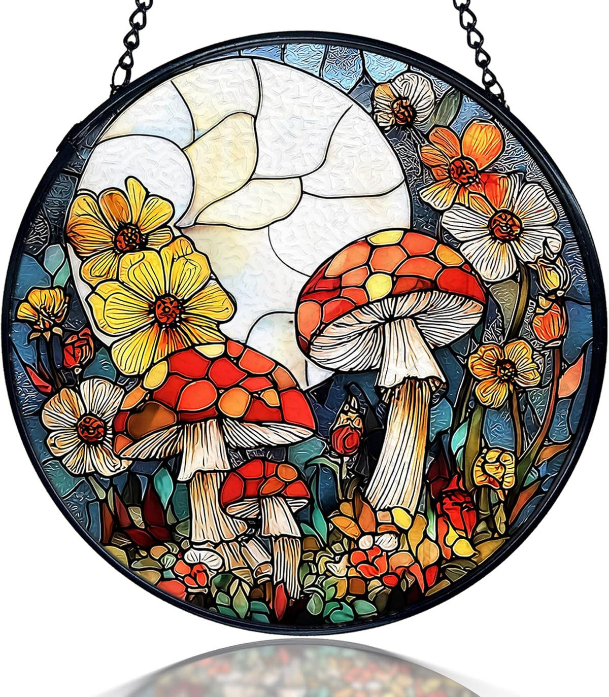 kdqua Mushroom Flower Suncatcher Stained Glass Window Hanging, Full Moon Mushroom Sun Catchers