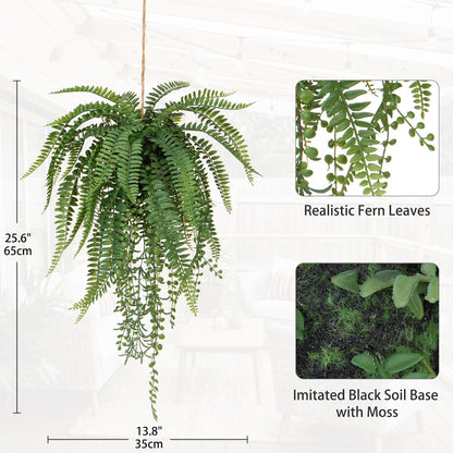 Large Mixed Fern Faux Hanging Plants, Realistic Artificial Plants with Hemp Rope Moss, Indoor for