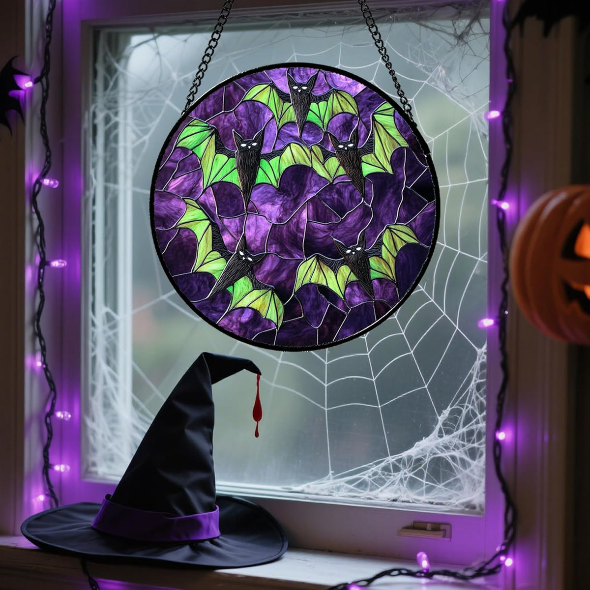 Stained Glass Window Hanging - Halloween Decorations Black Bat with Green Wings Suncatcher for