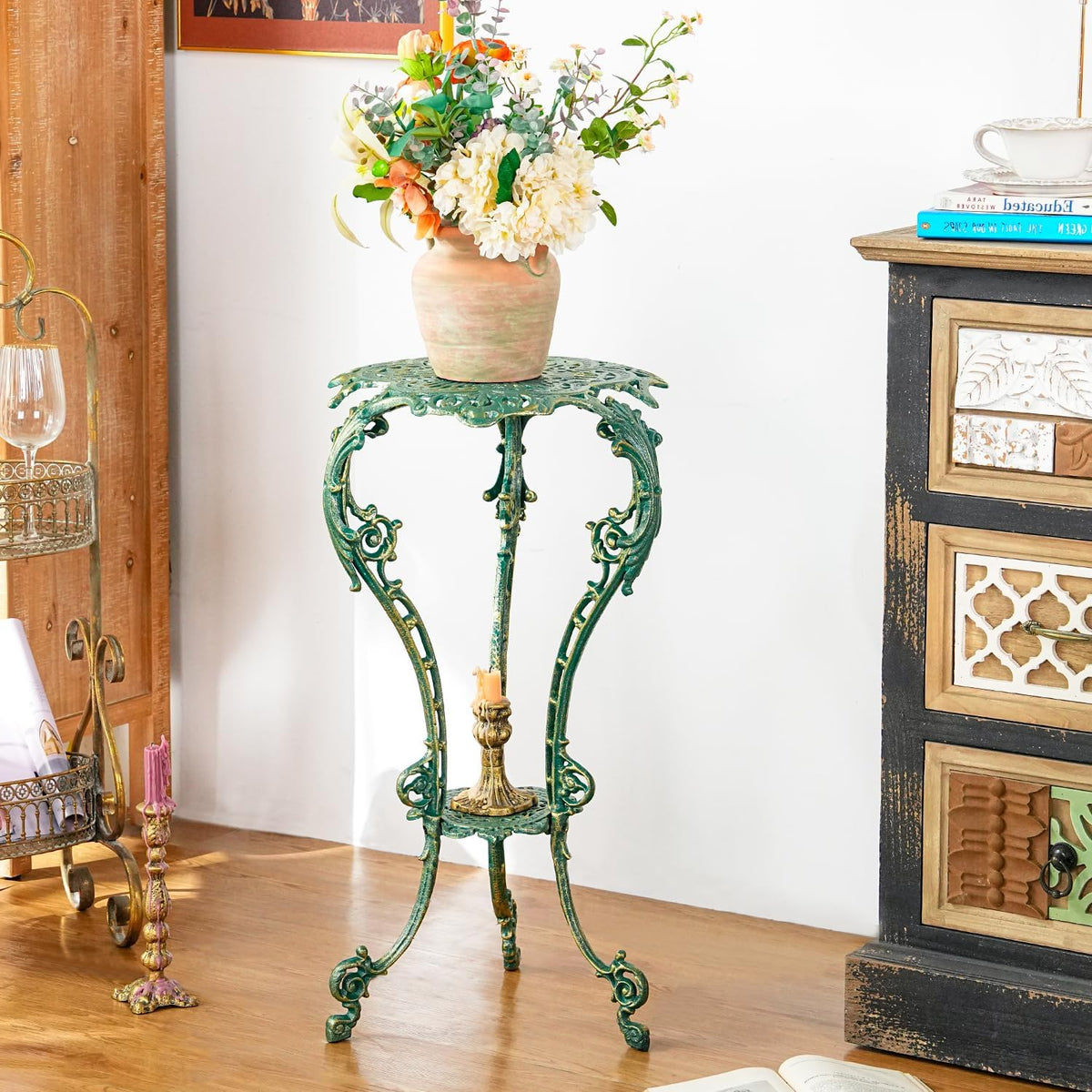 Sungmor Vintage Cast Iron Plant Stand - Ornate Green Pedestal Table for Indoor Outdoor Garden