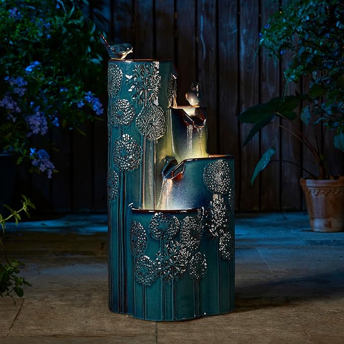 Glitzhome 31.75" H Outdoor Water Fountain with LED Lights and Pump, 4 Tier Dandelion Texture Vase
