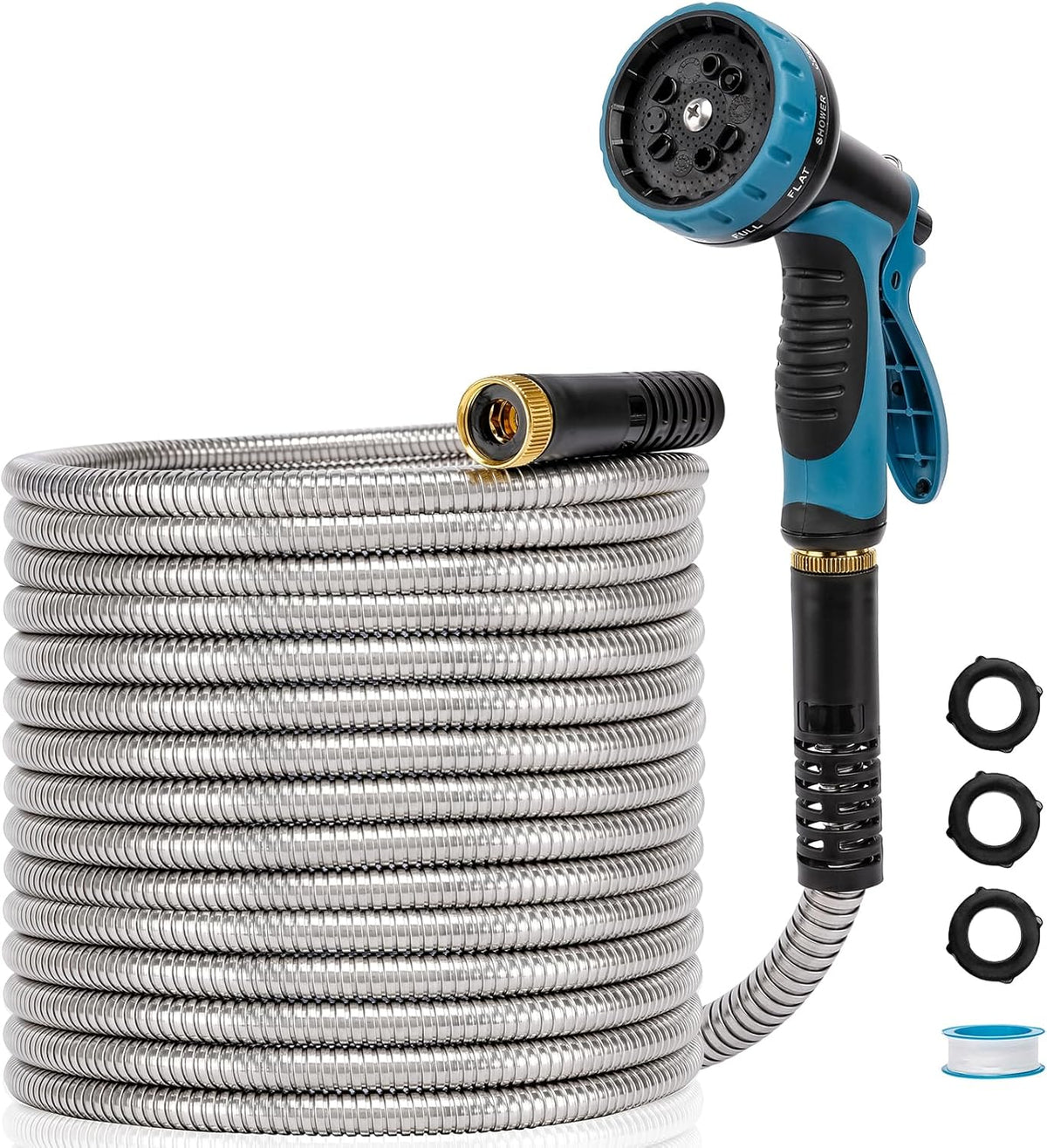 Metal Garden Hose 50 FT, Stainless Steel Hose, Water Hose with 10 Function Nozzle, No Kink &