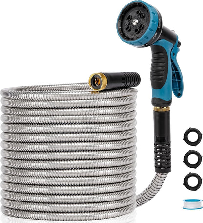 Metal Garden Hose 50 FT, Stainless Steel Hose, Water Hose with 10 Function Nozzle, No Kink &
