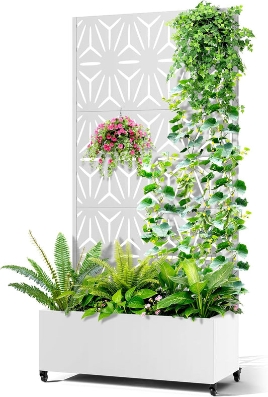 Metal Raised Garden Bed with Trellis, 2-in-1 Planter Box & Privacy Screen for Climbing Plants