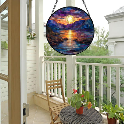 Stained Glass Window Hanging - Blue Purple Lake View Suncatcher for Door Terrace Garden Home Decor