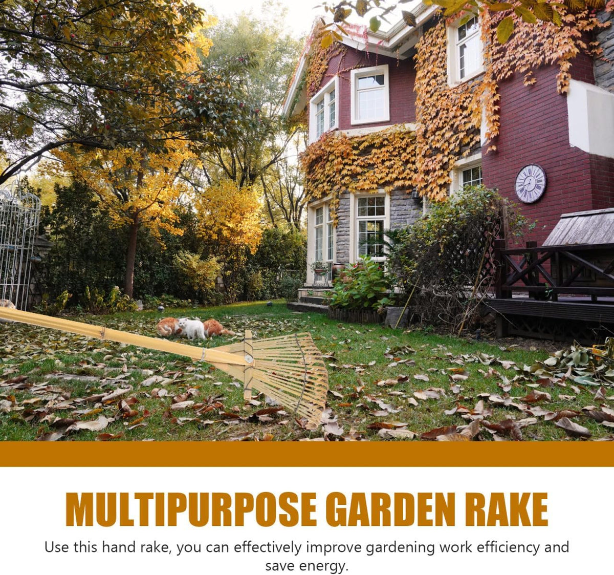 Wooden Garden Rake 20 Tines Hand Rake for Leaves Soil Spreading Lawn Care Yard Tool for Gardening
