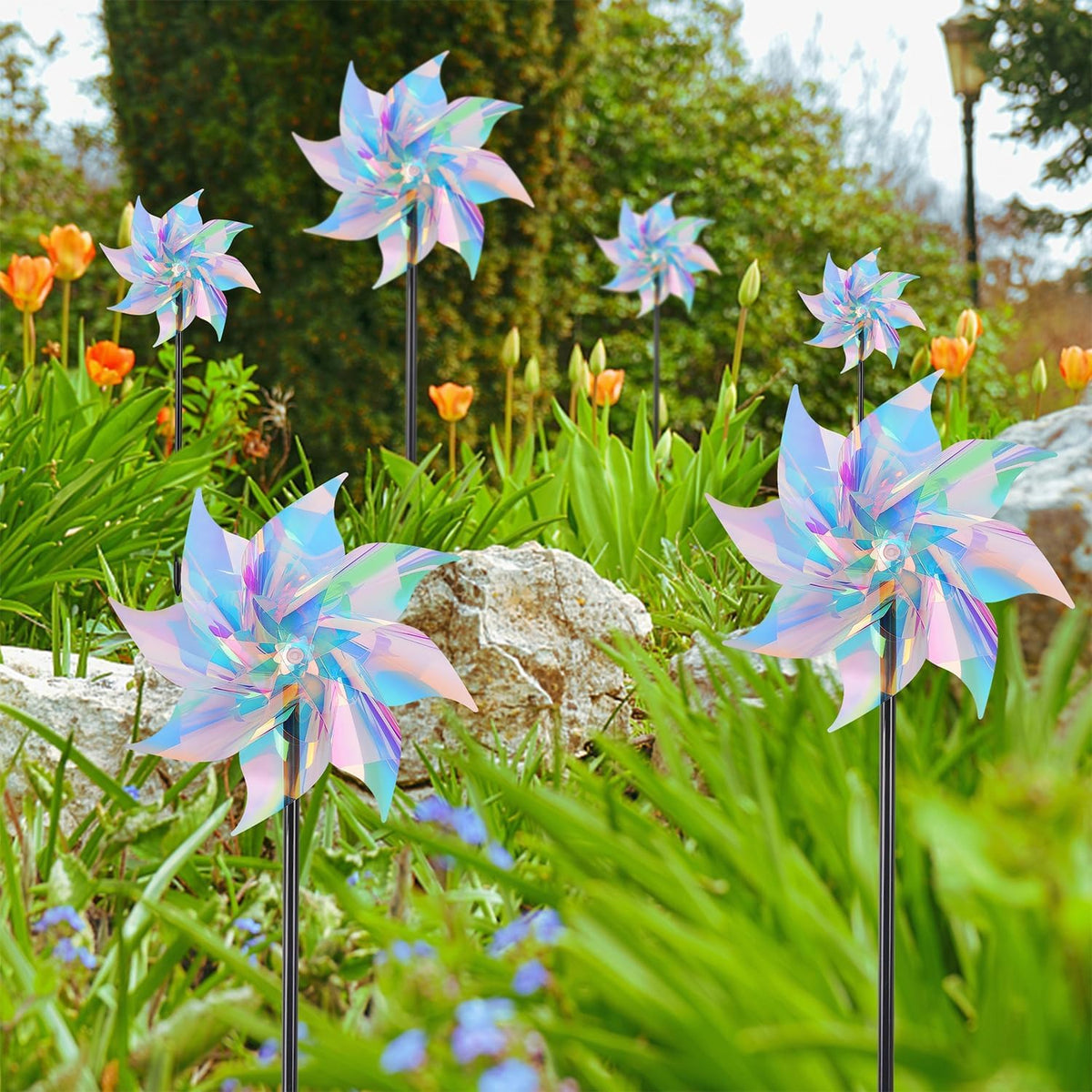 Hausse 10 Pack Reflective Pinwheels Wind Spinner, Extra Sparkly Pinwheel with Stakes, Bird