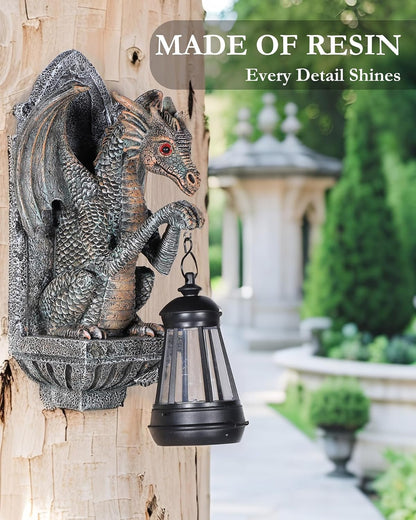 Dragon Statue Solar Lantern for Garden Décor, Dragons Figurine Night Light, 10”Outdoor Decorative