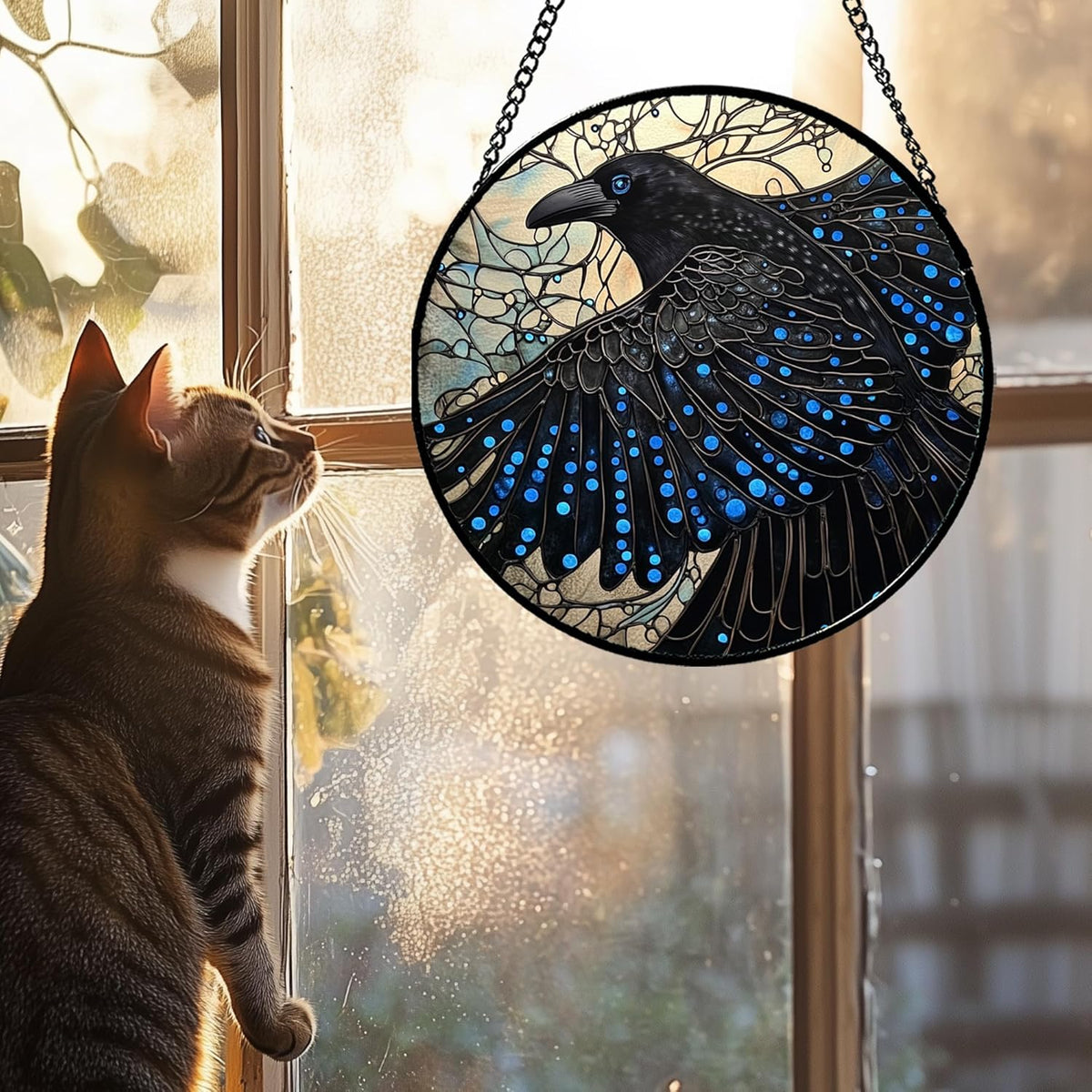 Stained Glass Window Hanging - Black Crow Big Wings Suncatcher for Doors Garden Patio Bird Sun