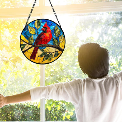 Stained Glass Window Hanging, Blue Sky Cardinal Sun Catchers Colorful Glass Panel Red Birds
