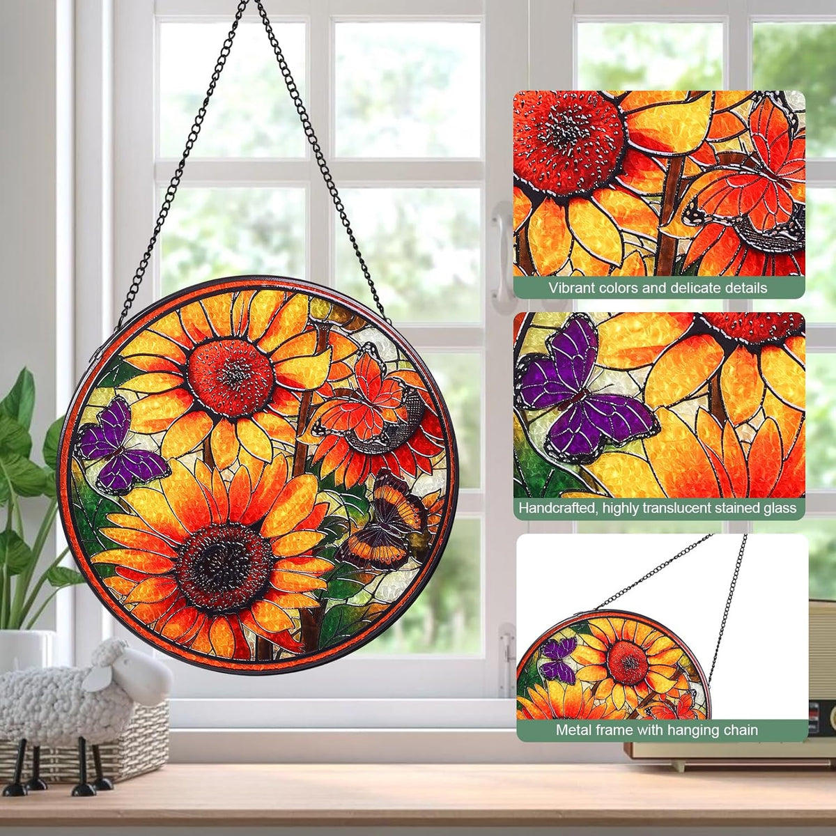 Sunflowers Handmade Stained Glass Window Hanging Suncatcher with Chain - 7.9" Outdoor/Indoor Art