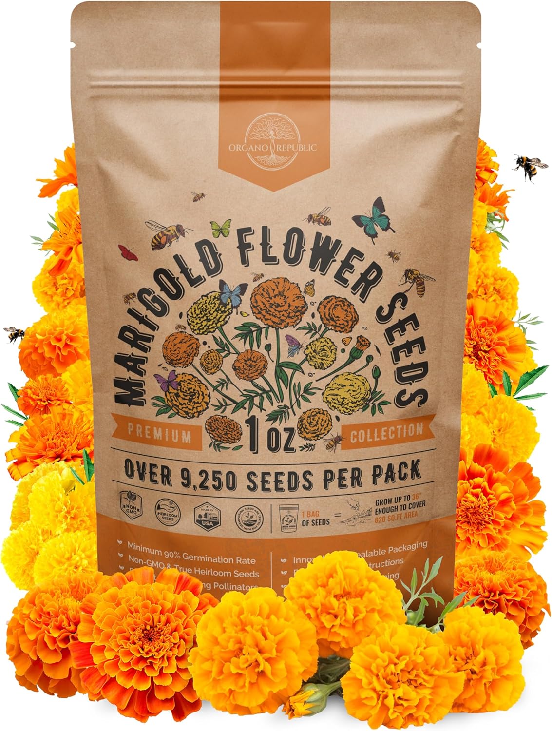 Marigold Seeds Pack 1 oz - Over 9,250 Non-GMO Heirloom Marigold Seeds for Planting Indoor & Outdoor