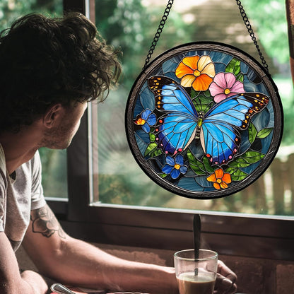 Stained Glass Window Hanging, Blue Butterfly Flower Suncatcher for Doors Home Sun Catchers