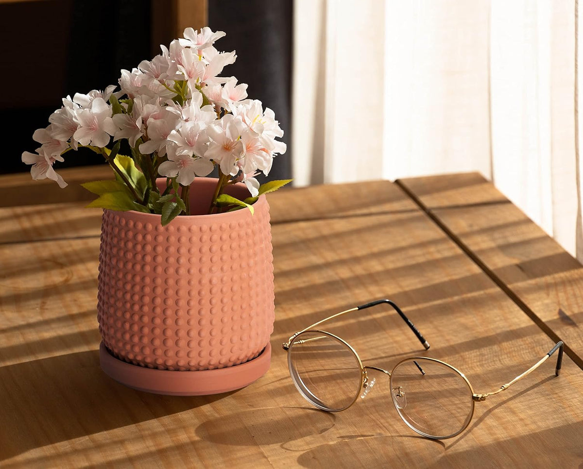 D'vine Dev 4 Inch Terracotta Beaded Planter Pot - Flower Pot with Drainage Holes and Saucers for