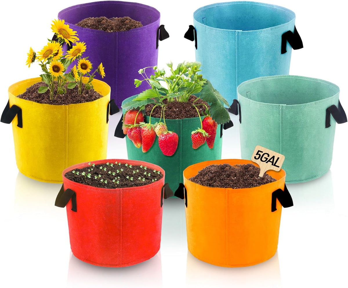 5-Gallon Fabric Grow Bags (7 Pack of Mix Colors) with Handles for Potato Tomato Flower and