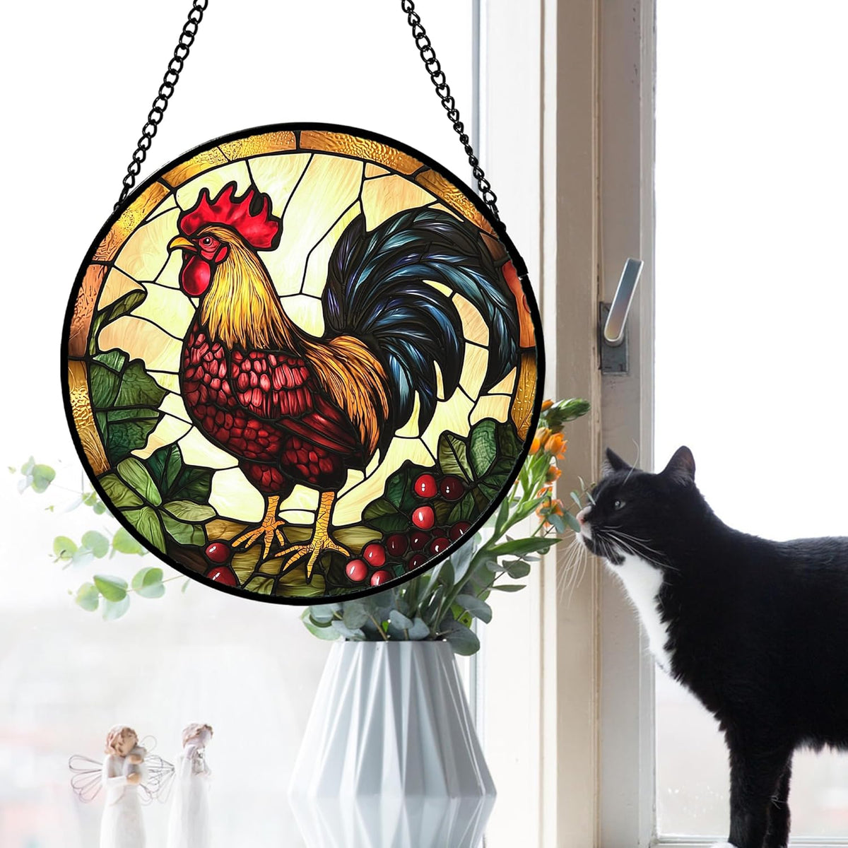 Stained Glass Window Hanging, Colorful Big Cock Sun Catcher for Window Door Home Decor, Chicken