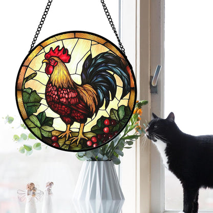 Stained Glass Window Hanging, Colorful Big Cock Sun Catcher for Window Door Home Decor, Chicken