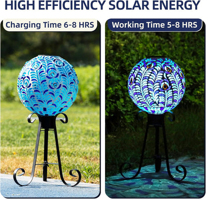 VOREEN Solar Gazing Ball, 10" Mosaic Glass Gazing Globe with Solar Light, Handmade Outdoor Yard