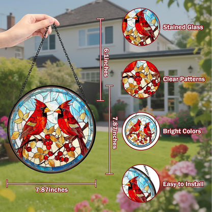 Red Cardinal Stained Glass Window Hanging, Hummingbird Suncatcher Diamond Glass Panel Hangings