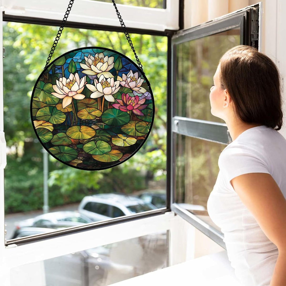 Stained Glass Window Hanging - Water Lily Birth Flower Suncatcher for Door Garden Retro Floral Sun