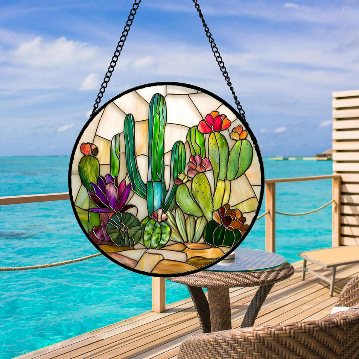 Stained Glass Window Hanging, White Green Cactus Suncatcher Diamond Glass Panel Hangings Sun