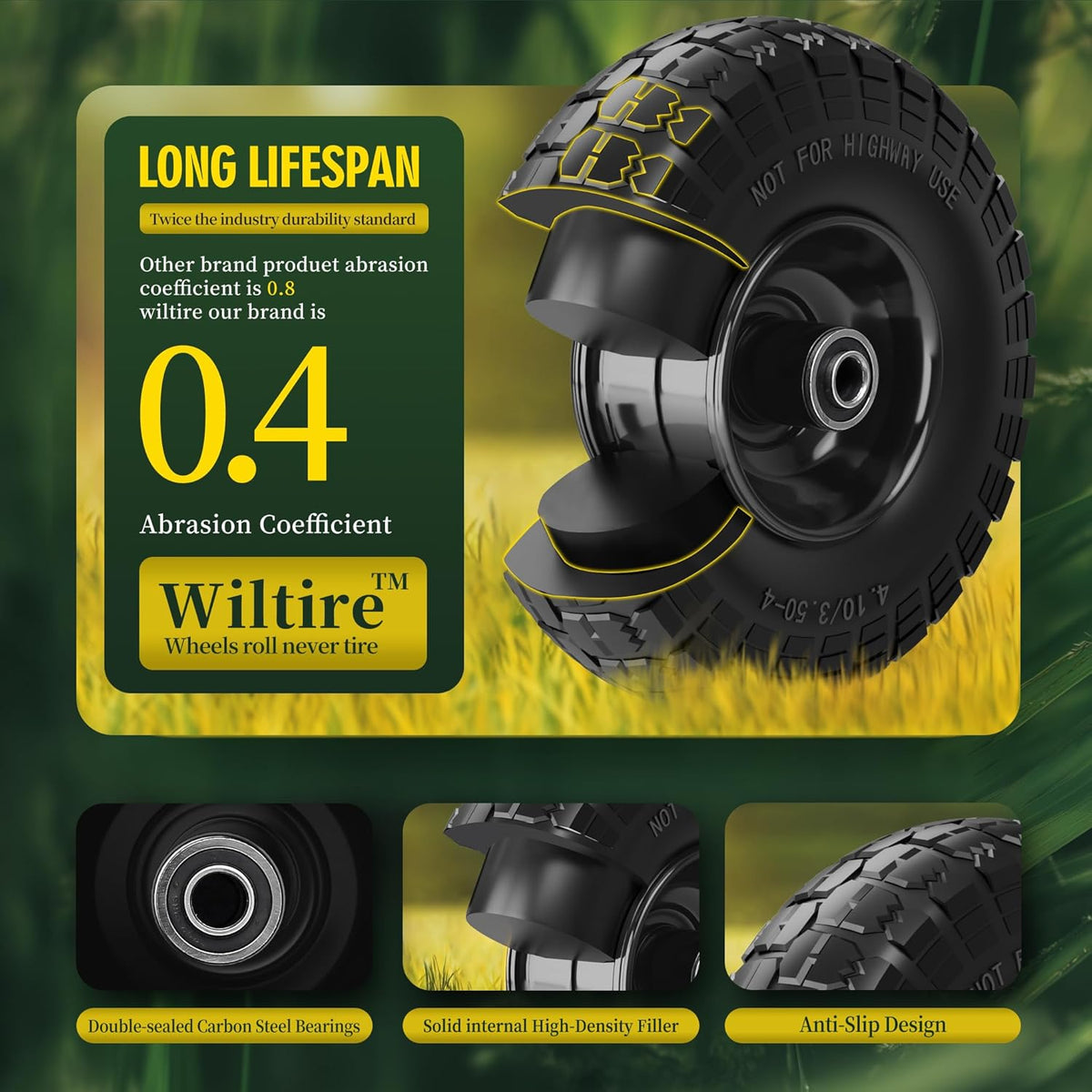(2 Pack) 4.10/3.50-4 Flat Free Tire and Wheel 10-Inch Solid Wheel Replacement with 5/8
