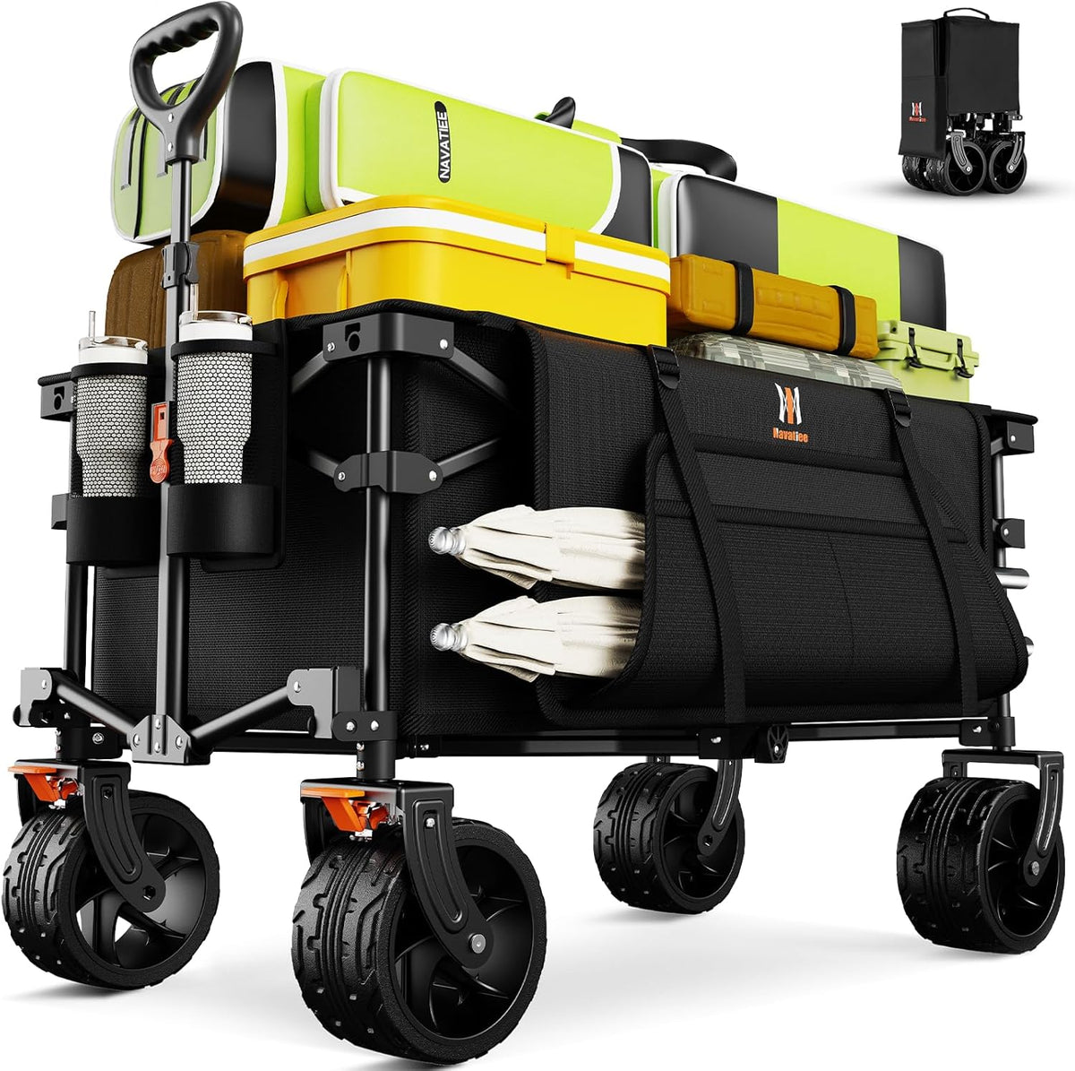 Navatiee Big Wheels Collapsible Wagon Cart Foldable, Heavy Duty Beach Wagon with Silent All-Terrain