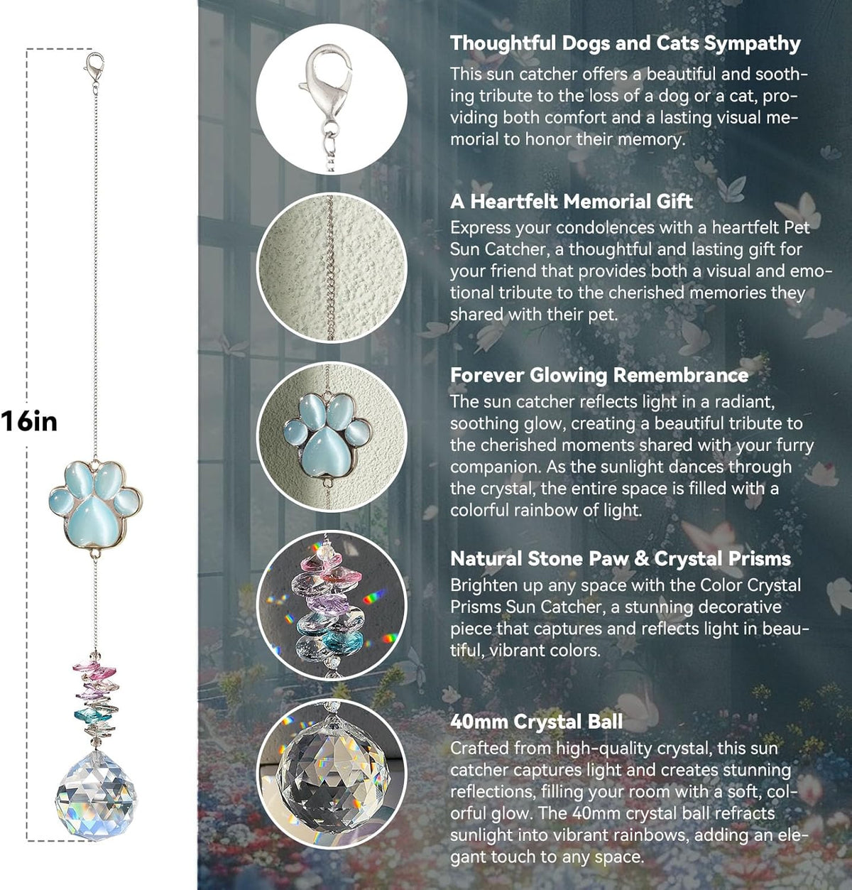 Pet Memorial Suncatcher - Dog Paw Memorial Gifts, Pet Loss Crystal Prisms Rainbow Maker, Lost of