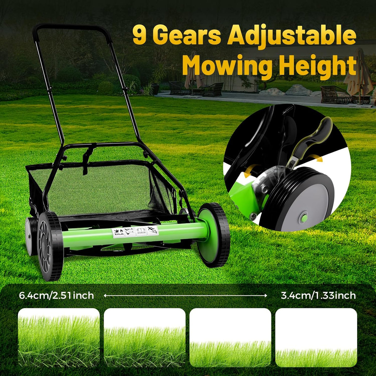 20 Inch 5-Blade Push Reel Lawn Mower, Cordless Manual Lawn Mower with Grass Catcher, Adjustable