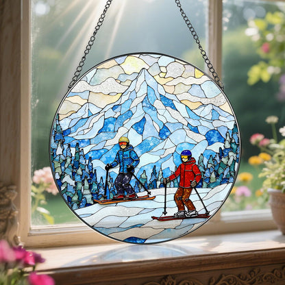 8'' Snowy Mountain Skiers Sun Catcher Ornament, Stained Glass Window Hanging, Sun Catchers for