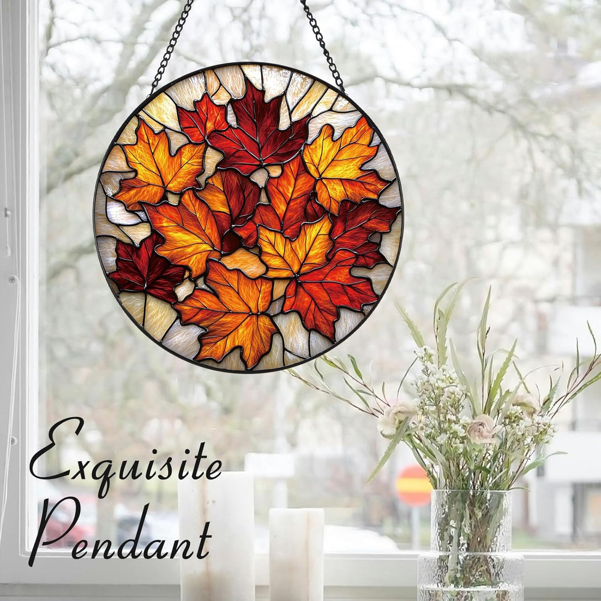 Rustic Autumn Maple Leaves Suncatcher -7.9 in Stained Glass Window Hanging Sun Catcher Garden Decor
