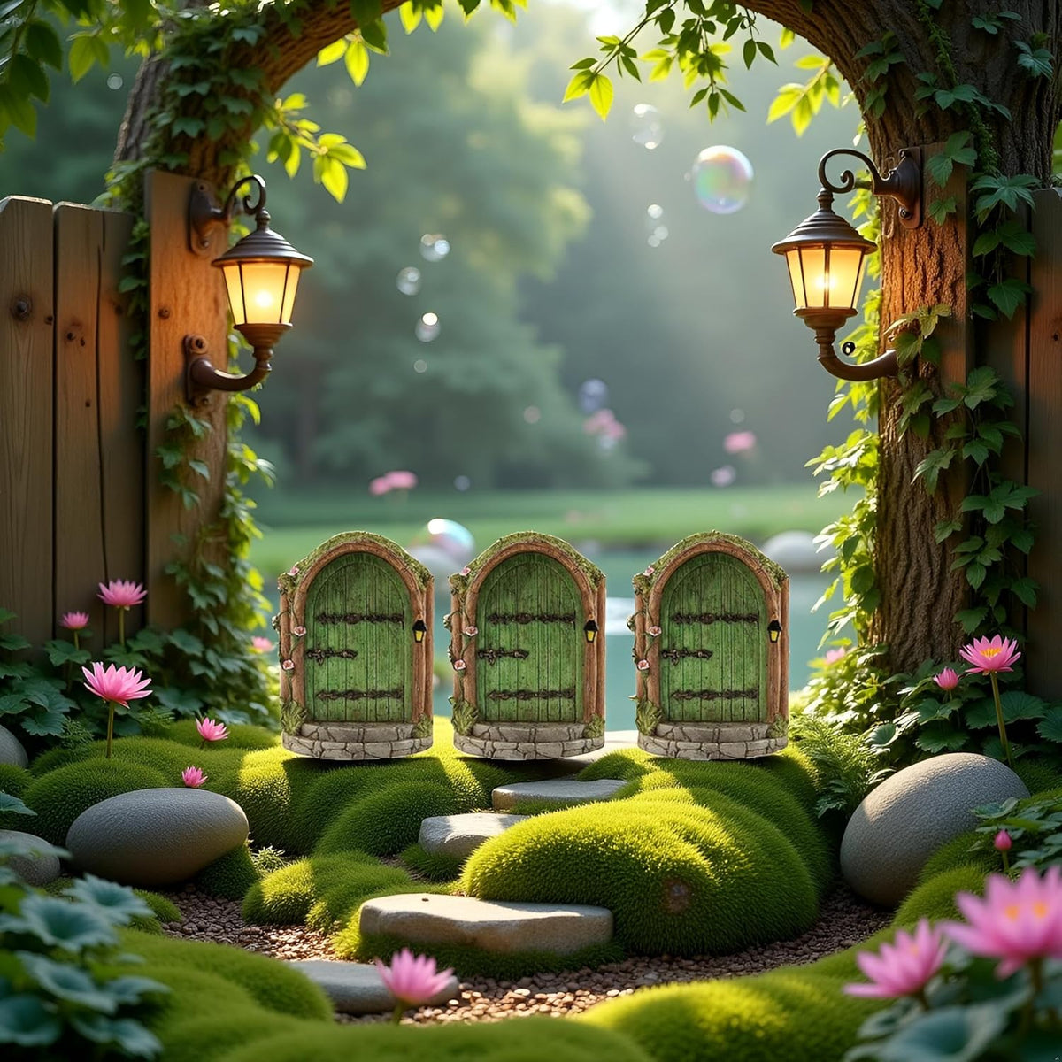 JJLFresheners 3Pcs Green Fairy Door Wooden Miniature Fairy Garden Doors Outdoor Mini Gnome House